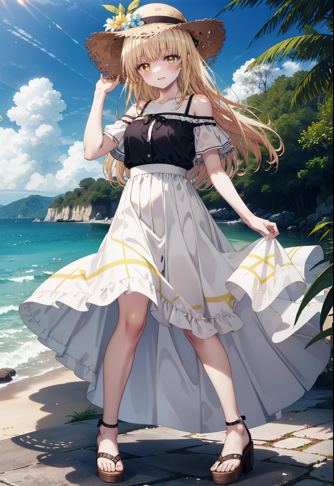 mahirushiina, mahiru shiina, Long Hair, bangs, Blonde, Brown Hair, (Yellow Eyes:1.3),happy smile, smile, Open your mouth,blush, Straw hat,smile,Cold Shoulder Shirt,Short sleeve,Long skirt,Cute heeled sandals,True Summer,Clear skies,Daytime,Palm tree,Hair is fluttering in the wind,whole bodyがイラストに入るように,
break outdoors, tropical,In town,Coastal Road,
break looking at viewer, whole body,
break (masterpiece:1.2), Highest quality, High resolution, unity 8k wallpaper, (figure:0.8), (Beautiful attention to detail:1.6), Highly detailed face, Perfect lighting, Highly detailed CG, (Perfect hands, Perfect Anatomy),