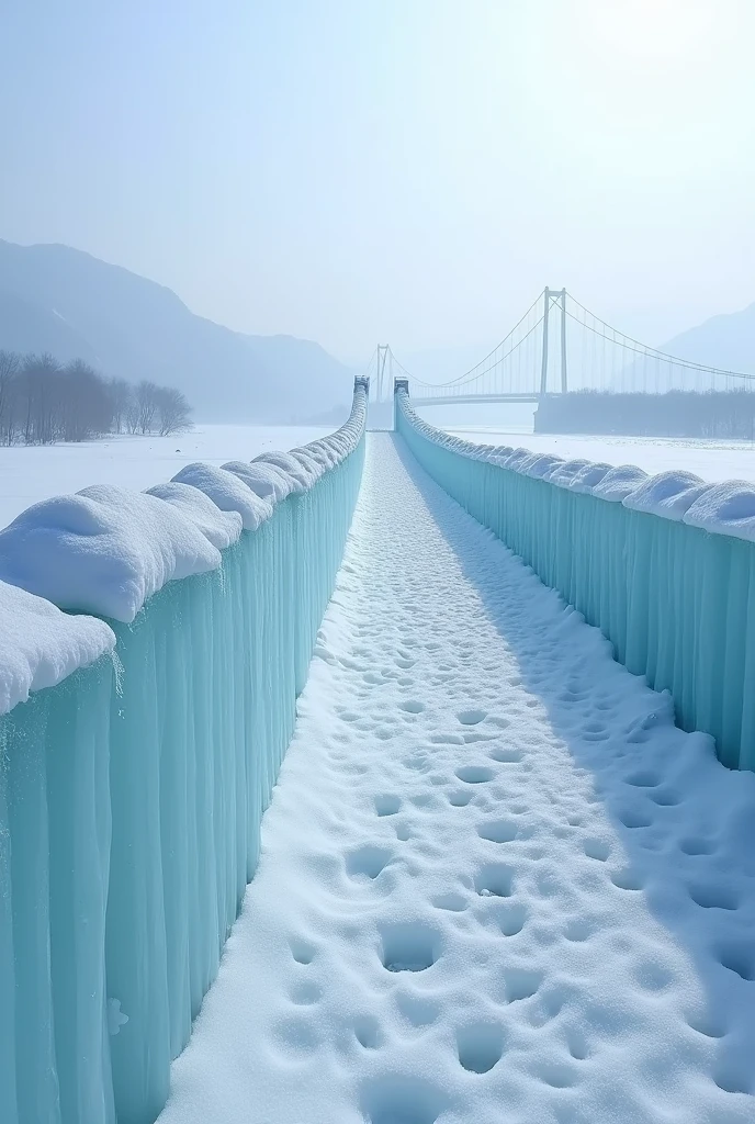 The Great Wall of China made of ice in the near distance(No snow)Horizontal direction,In the distance is the Wuhan Yangtze River Bridge made of ice。The Great Wall can be climbed
