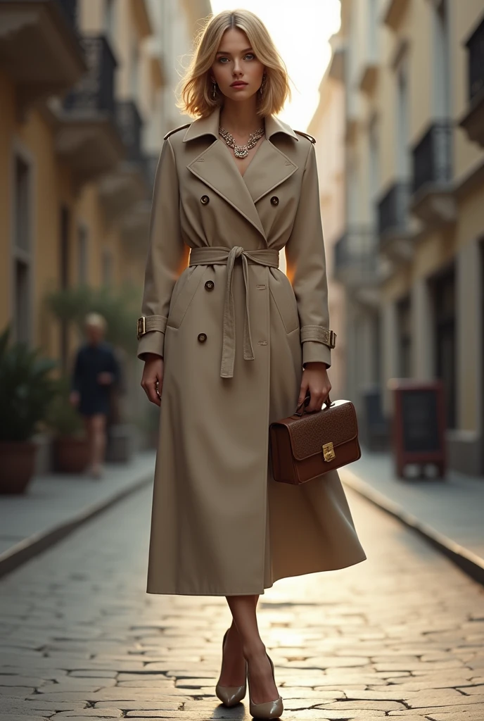 16 year old german Teen Girl in beige Trenchcoat high heels gloves and ear rings