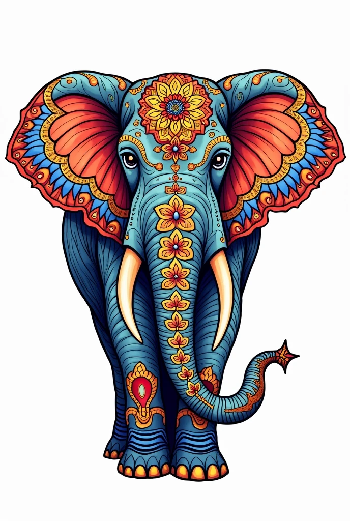 Painting pages for adults。Mandala pattern。Drawn with thick lines、Few details、No shading。It is colorfully painted。Impressive and colorful picture pages designed for adults with white background, A majestic elephant depicted in a mandala style. The elephant is decorated with intricate patterns, including flowers and geometric shapes., A fascinating and detailed work of art. The figure focuses on crisp, Clean lines and bold outlines, No shading or color, Allowing users to bring their own unique vibrancy to their creations. Minimalist design, Thick lines and lack of background detail, Calm your mind、Soothing, colorful and gentle drawing pages for adults seeking creative activity. figure