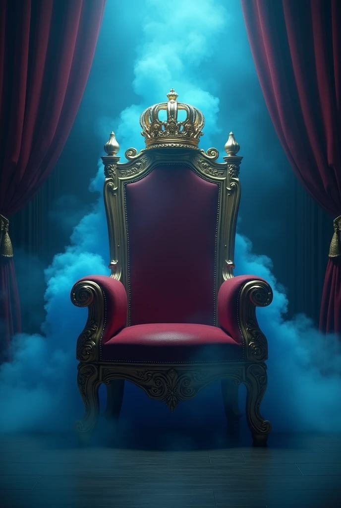 a royal throne chair, a golden crown on the chair's head, blue mist smoke, curtains behind the chair, intricate details, photorealistic, cinematic lighting, dramatic composition, 8k, high resolution, best quality, masterpiece, ultra-detailed

