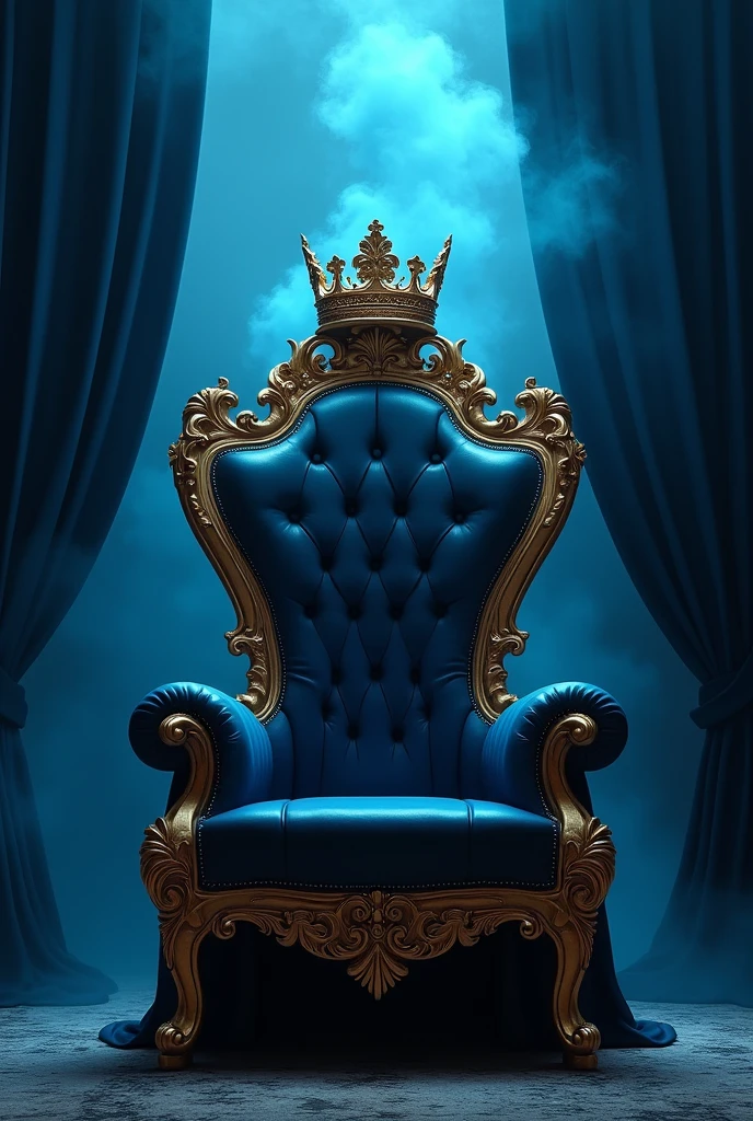 a royal throne chair, a golden crown on the chair's head, blue mist smoke, curtains behind the chair, intricate details, photorealistic, cinematic lighting, dramatic composition, 8k, high resolution, best quality, masterpiece, ultra-detailed
