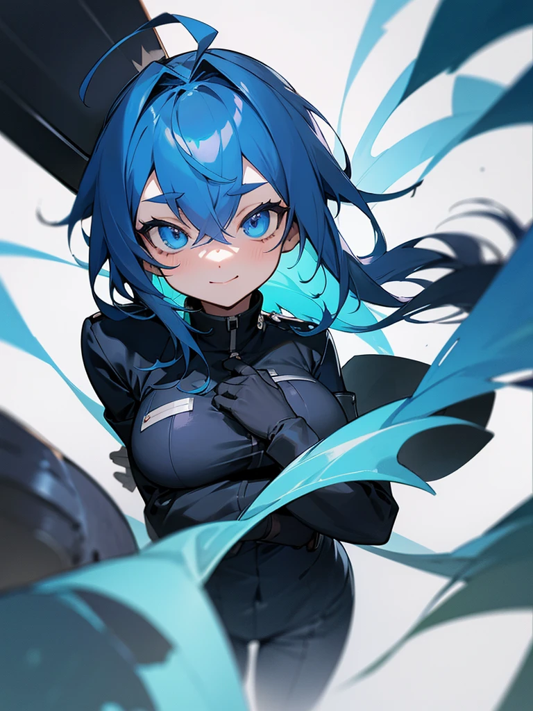 Tough girl with sapphire blue hair, would be a sharp ponytail and one red eye