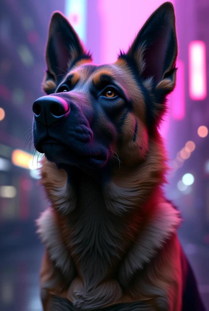Create a character image of a German Shepherd dog with a cut scar on his left eye and a band aid on his nose looking up and the setting is cyberpunk with purple lighting.