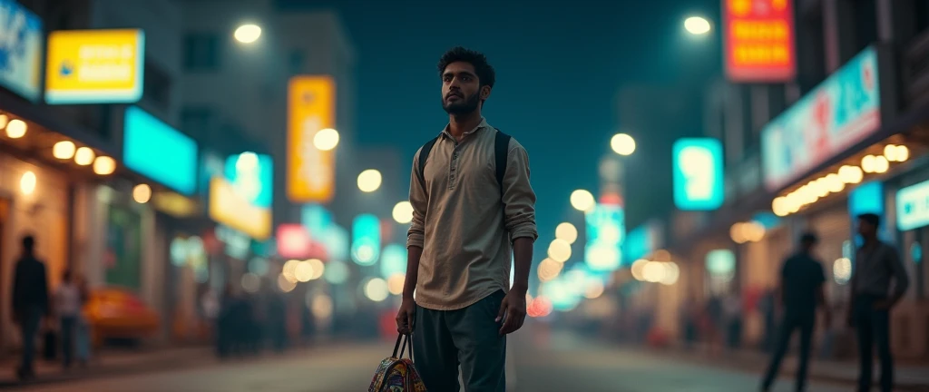 Make a movie poster " A 25 YEAR YOUNG INDIAN BOY, WEARING A SIMPLE FULL SLEAVE SHIRT PANT, and holding a collage bag, he standing in bustand in bangaluru city , waiting for a bus at night, wide angle shot