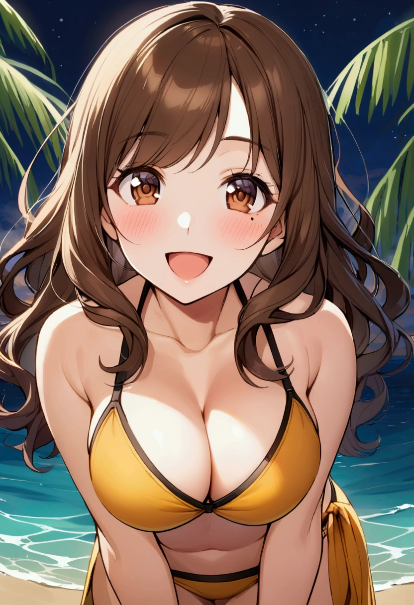 slender, mature female,breasts, 1girl, solo, long_hair, cleavage, large_breasts, rating:safe, looking_at_viewer, smile, bikini, open_mouth, wavy_hair, bent_over, swimsuit, outdoors, brown_eyes, brown_hair, mole, collarbone, :d, tubetop, bangs, leaning_forward, dress, night, bare_shoulders,upper_body, midriff, mole_under_eye, blush