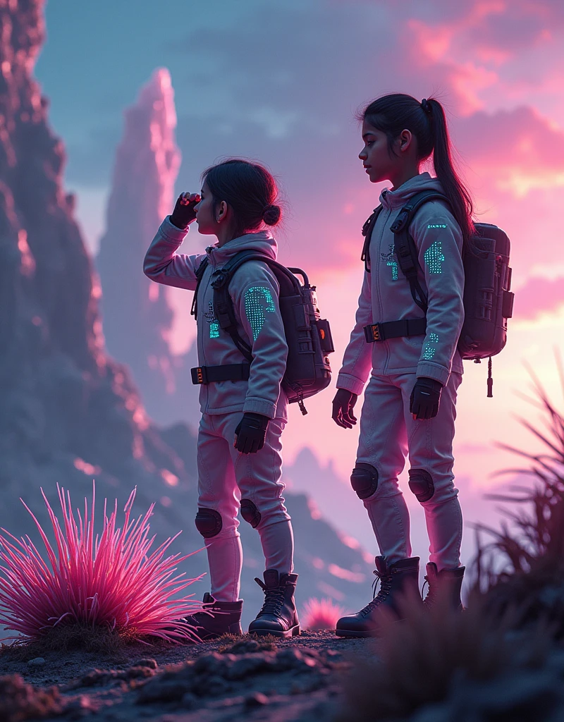 Envision a cyberpunk future where a South Asian boy and a Middle-Eastern girl have become brave space travelers. These young explorers wear high-tech suits with intricate circuitry designs glowing in neon colors. They stand together on an uncharted alien planet, it's landscape jarringly beautiful with towering crystalline structures against the backdrop of a colorful nebula-filled sky. The boy is scanning the horizon with a futuristic gadget in hand while the girl examines a strange plant with illuminating leaves, a sign of the planet's exotic biosphere. Their space vessel, a sleek construction of metal and lights, sits parked in the distance behind them.