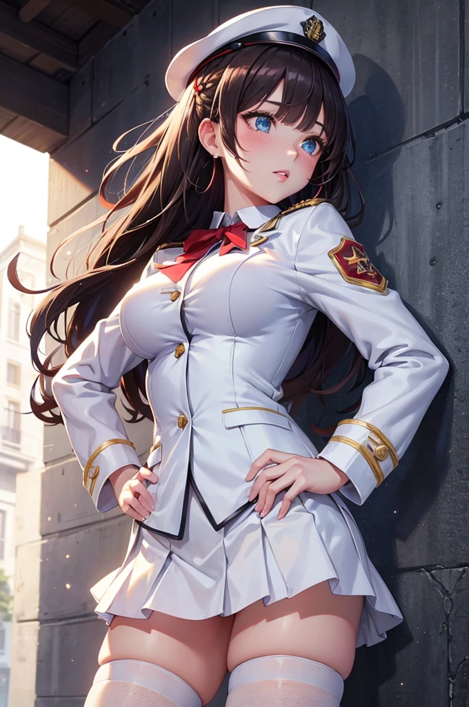 A beautiful 20 year old girl in uniform posing on a ledge with her hands on her hips, anime girl, military hat, red puffy miniskirt, white blazer, white stockings, big round breasts, white panties, standing, blue sky, dark brown hair, long red bangs, french braid, long hair, wavy hair, shiny hair, hairclip, hair ribbon, aqua eyes, glowing eyes, pupils sparkling, earrings, blush, puckered lips, confused, red lips, high detail, anime, anime style, depth of field, dithering, image fill, from the front, from below, from side, perspective, lens flare, Wide-Angle, f/1.8, 85mm, Nikon, 8k, super detail, UHD, retina, masterpiece, accurate, anatomically correct, textured skin, best quality, highres, 16k