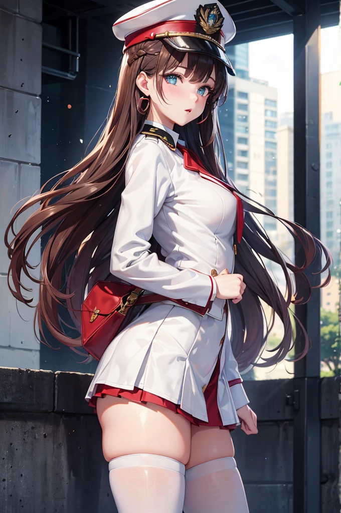 A beautiful 20 year old girl in uniform posing on a ledge with her hands on her hips, anime girl, military hat, red puffy miniskirt, white blazer, white stockings, big round breasts, white panties, standing, blue sky, dark brown hair, long red bangs, french braid, long hair, wavy hair, shiny hair, hairclip, hair ribbon, aqua eyes, glowing eyes, pupils sparkling, earrings, blush, puckered lips, confused, red lips, high detail, anime, anime style, depth of field, dithering, image fill, from the front, from below, from side, perspective, lens flare, Wide-Angle, f/1.8, 85mm, Nikon, 8k, super detail, UHD, retina, masterpiece, accurate, anatomically correct, textured skin, best quality, highres, 16k