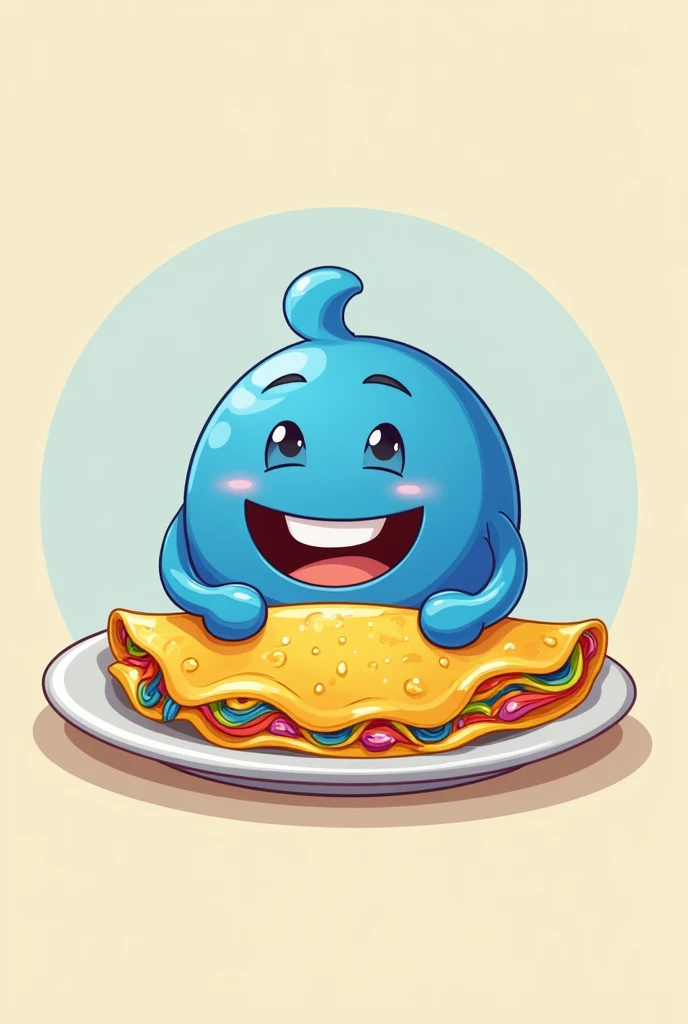 A Blue happy emoji eating rainbow curled cheese omelette who shaped like a bread
