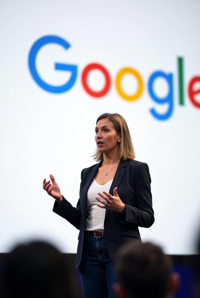 A woman speaking on stage，From Google，White background，The company logo is blurred，Technology Conference