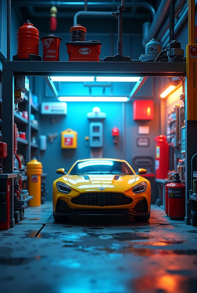 All items in a square display box create a detailed car wash toy industrial style wall spray paint vibrant contrasting colors detailed tools garage accessories cool lighting effects no car location cool indoor environment plastic texture toy mechanical style futuristic feel (repeated) industrial style