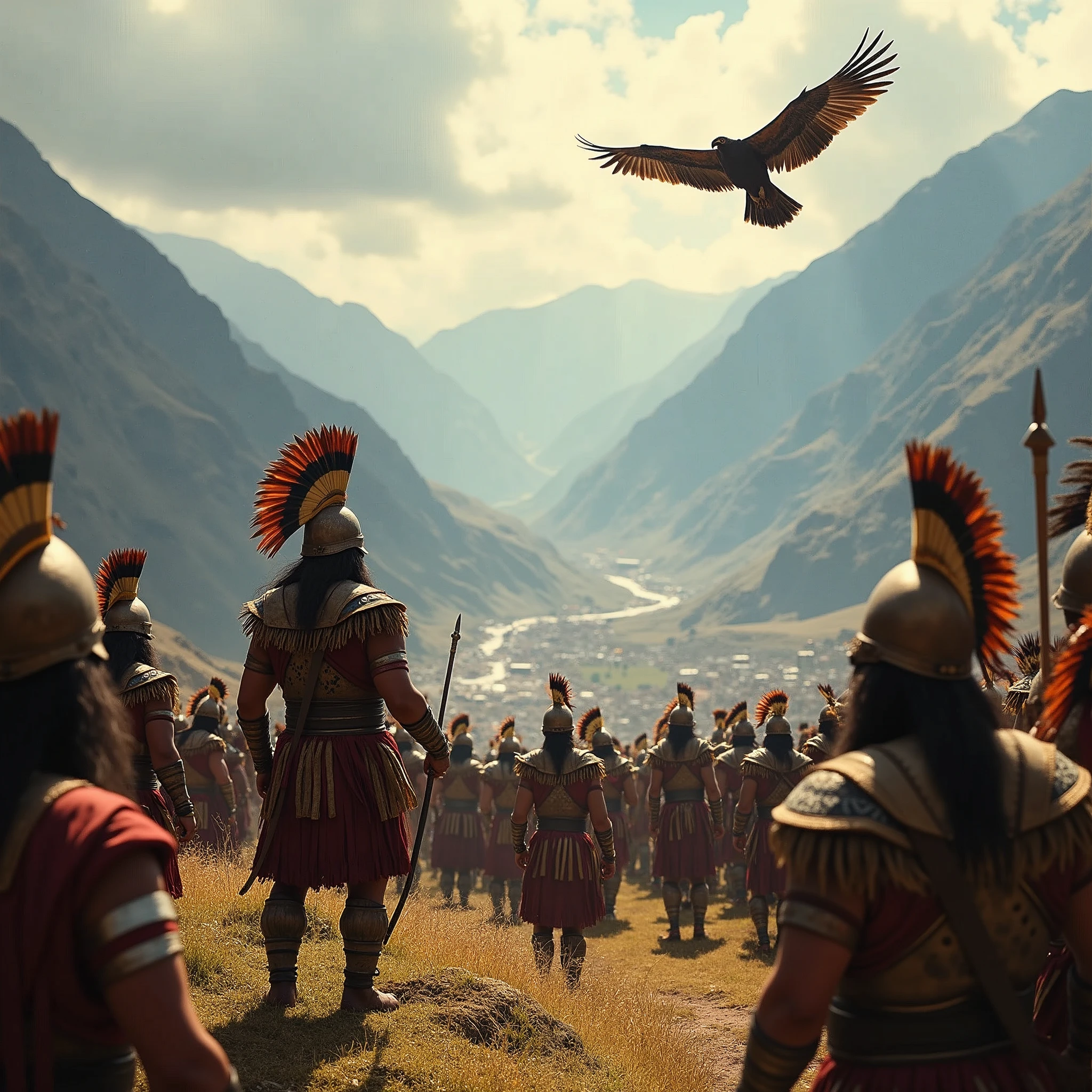 A majestic Andean landscape unfolds as a group of Inca warriors stand proudly, their headdresses and armor glinting in the warm sunlight that filters through the misty mountains. The condors soar overhead, their wings spread wide, as the warriors, dressed in traditional regalia, dance in unison under the rhythmic beat of drums. Pachacuti's reign is marked by a sense of strength and resilience, as the Inca people celebrate their heritage and culture.
