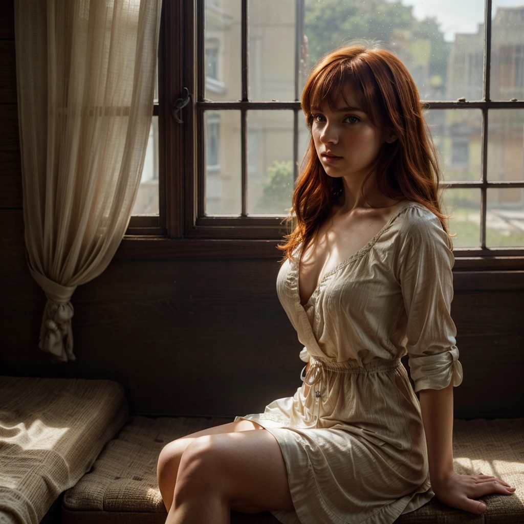 1girl, redhead, solo, bangs, cowboy shot, simple background, sitting at window, gazing outside, looking thoughtful, elegant dress, sunlight streaming through window, warm lighting, soft colors, detailed facial features, highly realistic, photorealistic, 8k, artwork by greg rutkowski and alphonse mucha and boris vallejo