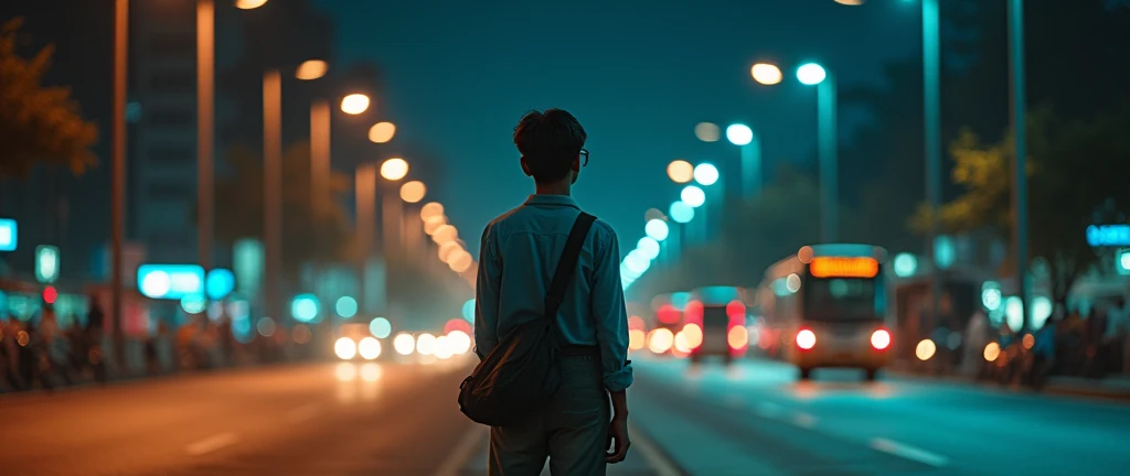 Make a movie poster " A 25 YEAR YOUNG INDIAN BOY, WEARING A SIMPLE FULL SLEAVE SHIRT PANT, and holding a collage bag, his background bustand in bangaluru city , waiting for a bus at night, wide angle shot