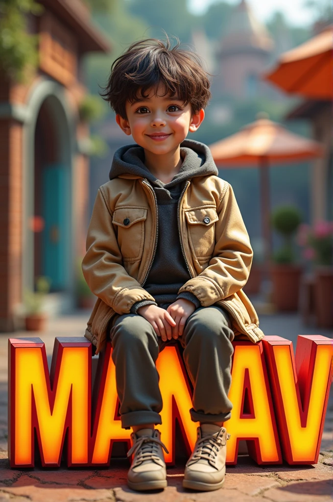 a  boy is sitting on a name "MANAV" text, Disney style, anime, vibrant, illustration, 3d render, cinematic, photo, fashionv.detailed outfit, ground, detailed outfit, natural textures, hyper maximalist, elegant, super detailed, dynamic pose, photo realistic, ultra-detailed, ultra realistic, hyper maximalist, super detailed ,cinema quality, Sony A7S III, f/ 8. 0, 1/ 200, sharp focus, detailed 64K, sharp focus, megapixel