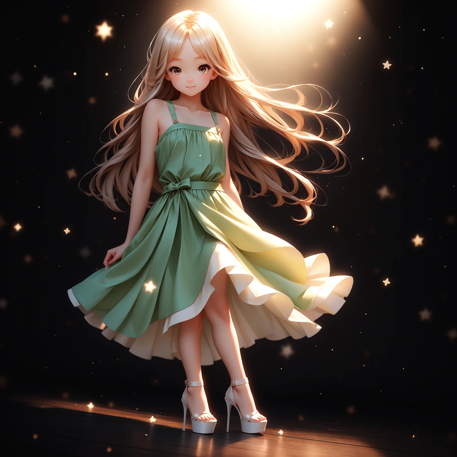 High resolution,Highest quality,high resolution,8k,Cute middle school girl,Junior idol,Cute 12 year old girl,Photo Studio Background,whole body, No makeup,Beautiful woman in a tube dress and pencil skirt、whole bodyショット、Pale green dress、Long Hair、White platform high heels、Cross Strap、White heels、Platform heels、two Cross Straps、Face Light,Dynamic Lighting,Delicate features,,whole body,Movie Light,Digital single-lens reflex camera,Soft Light