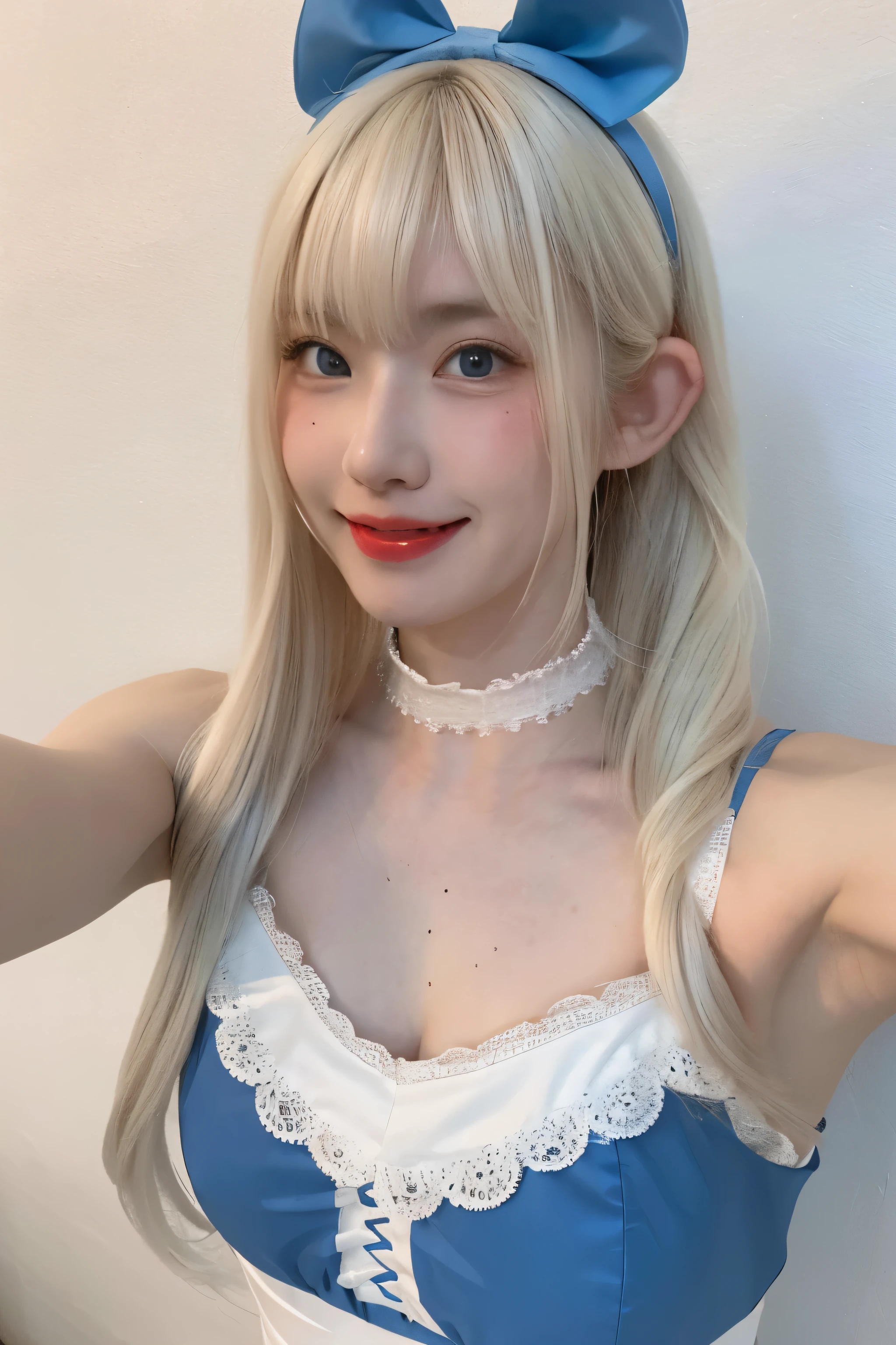 RAW Photos,(8k)、(Highest quality: 1.2)、(Real)、(Real: 1.37)、Ultra-high resolution、 A young woman with long wavy platinum blonde hair and bangs、She is wearing a blue and white maid outfit with lace details and bows。She has a blue headband with white and purple accessories.、taking a selfie。The background is a light-colored wall、She has a cute, slightly blushing look on her face.。Half Korean and half Japan、Korean is 60% 、18-year-old、cute、smile、Mouth closed、Thick lips、Red lips、freckled face、Aquiline Nose、