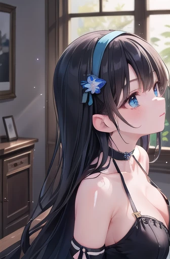 (masterpiece:1.3), (Highest quality:1.3), (Very detailed:1.3), figure, alone, indoor, MLTD bg style, Particles of light, Shine, Lens flare, Bokeh, Blurred Background, Black Hair, Long Hair, blue eyes, Large Breasts, Black knee socks, hair ornaments, hair band, Ribbon choker, look up, Upper Body, Idol,