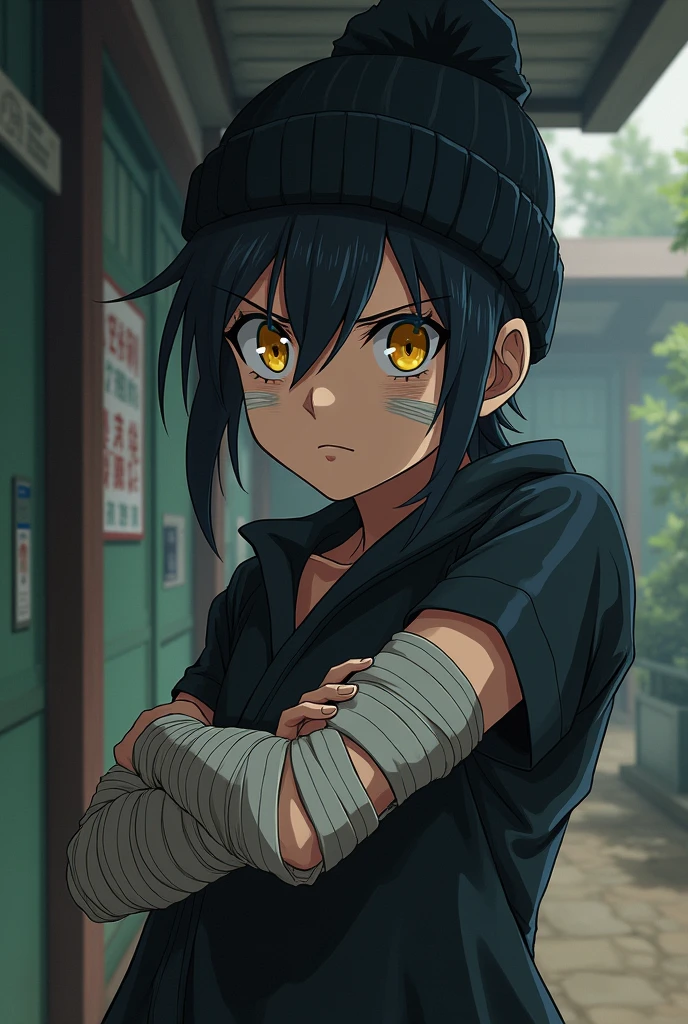Teenage boy with a black beanie hat on his head ,yellow  eyes , tired face,jujutsu school clothes from jujutsu kaisen and bandages on the belly and arms
