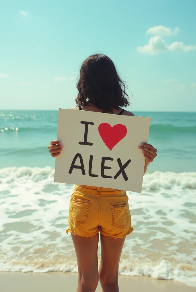 Murugan,A girl holding a sign saying I Love Alex,Standing by the sea,Movie quality picture,Sunshine,Waves,Beach