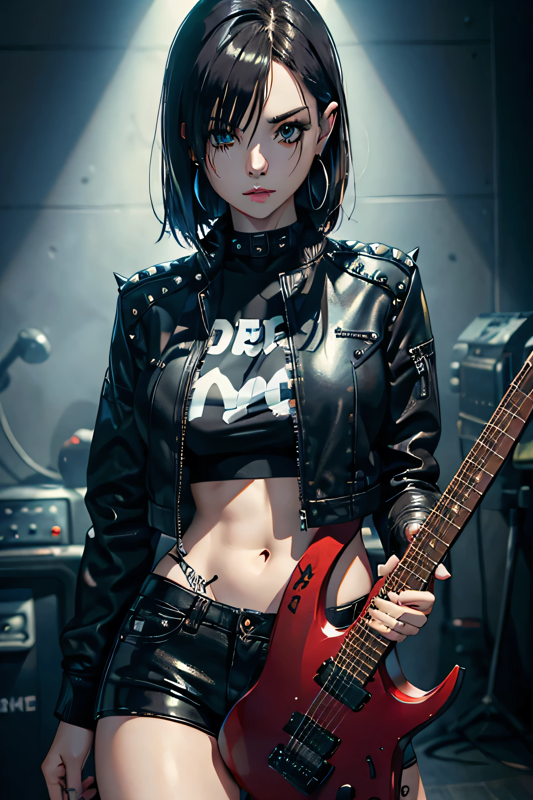 realistic:1.2, Rocker girl in a leather jacket,slim body shape、Normal breast size、 highly realistic photograph, whole body、, 1 electric guitar, Clothes with spikes,white mother、navel exposed、Leather shorts、tattoo,earrings dark lipstick, Blue eyes,spiky dark and partly shaved hair, Beautiful and perfect legs, confident look, punk style ,dynamic pose, dynamic lighting, bright colors, ant alexa 65, 50 mm lens