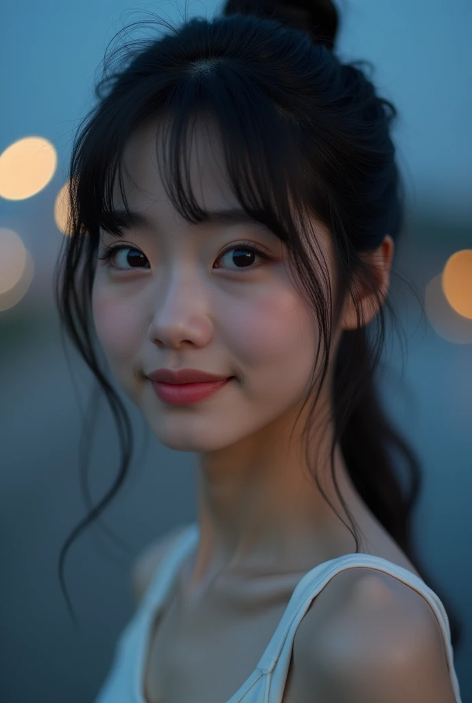 20-year-old, 8k, RAW Portrait (Japanese Girls), photo Realistic, Ultra-high resolution, Highest quality, Actual photo , dramatic, Atmospheric, (At night :1.3), Realistic,
One girl, a very beautiful Japanese Girls, Glamorous shot of a girl, Textured skin, Mouth closed, smile, Grin, Pale skin, lips,
big and beautiful fine eyes, Black Hair, Beautifully detailed nose, Upper Body, Single hair bun,
Woman posing by the skyline, Naked,
View your viewers, Blurred Background,