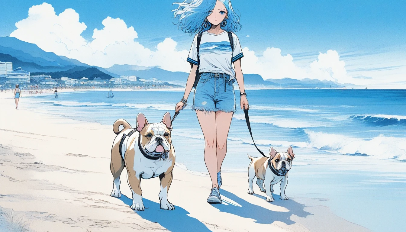 Illustrator, anime , Realistic ,sketch , An adult woman walking with a cute bulldog puppy, lip, nail、T-shirt,order,Textured Trim, (masterpiece,Highest quality) Blue background, Neon Hair,Textured Trim, Canadian, (masterpiece,Highest quality) Cancer,Summer landscape、Seaside、Blue sky、white waves、Vision、Resort、Dark Eyes、