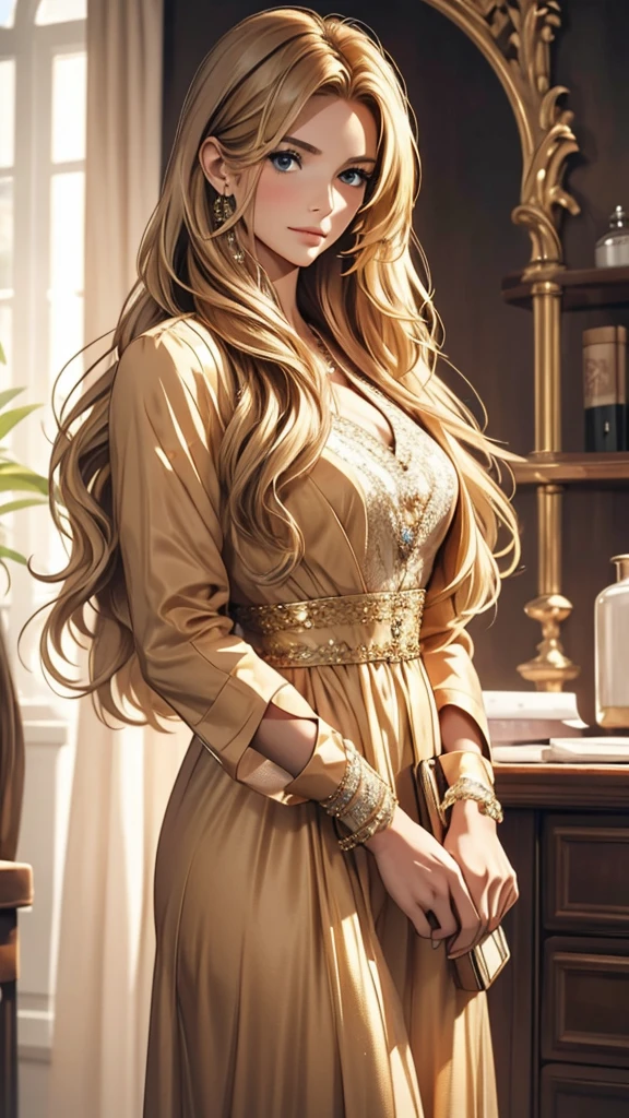 a picture of a woman standing with long blond hair posing over her shoulder, 1girl, long hair, solo, realistic, dress, brown hair