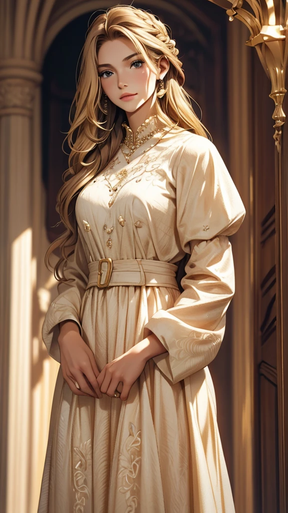 a picture of a woman standing with long blond hair posing over her shoulder, 1girl, long hair, solo, realistic, dress, brown hair
