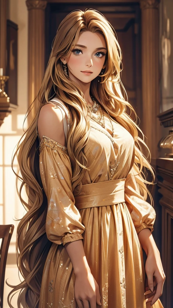 a picture of a woman standing with long blond hair posing over her shoulder, 1girl, long hair, solo, realistic, dress, brown hair