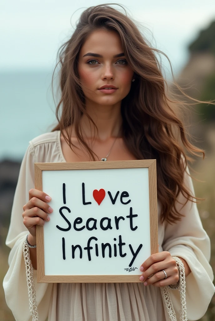 Beautiful girl with wavy long hair, bohemian dress, holding a white board with text "I Love Seaart Infinity" and showing it to the viewer