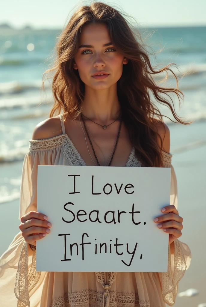 Beautiful girl with wavy long hair, bohemian dress, holding a white board with text "I Love Seaart Infinity" and showing it to the viewer