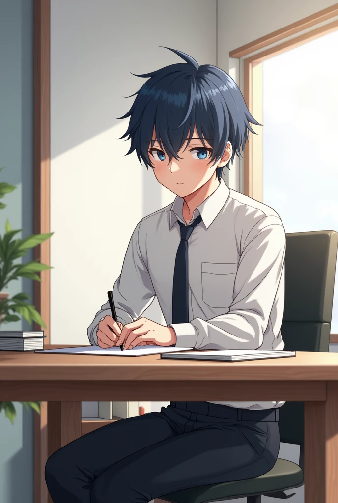 Boy seat on chair and his front table anime boy 20 to 22 years old