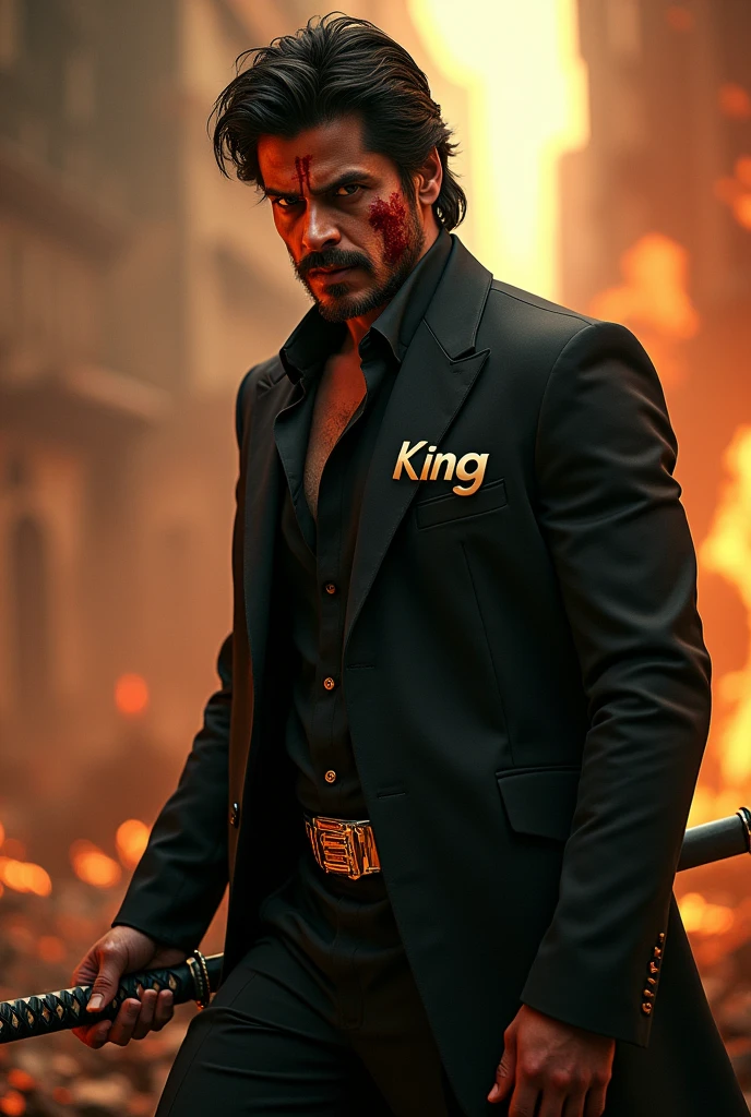 

Shah Rukh Khan, dressed in a sleek black outfit with king name writing in his dressed 
, stands with a confident swagger, smoking a ciggerate. His face is smeared with blood and 
deadly  smiling, adding a hint of ruggedness to his charming persona. In one hand, he holds a kattana, a traditional Japanese sword, its blade glinting in the light. The image exudes a sense of intensity and drama, fitting for a Bollywood action sequence and his background should have some died people which he have murder  