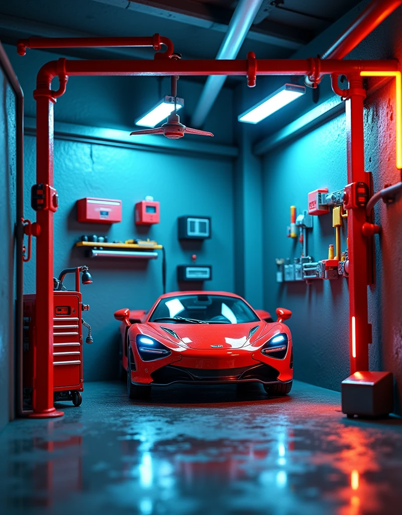 All items in a square display box create a detailed car wash toy industrial style wall spray paint vibrant contrasting colors detailed tools garage accessories cool lighting effects location cool indoor environment plastic texture toy mechanical style futuristic feel (repeated) industrial style