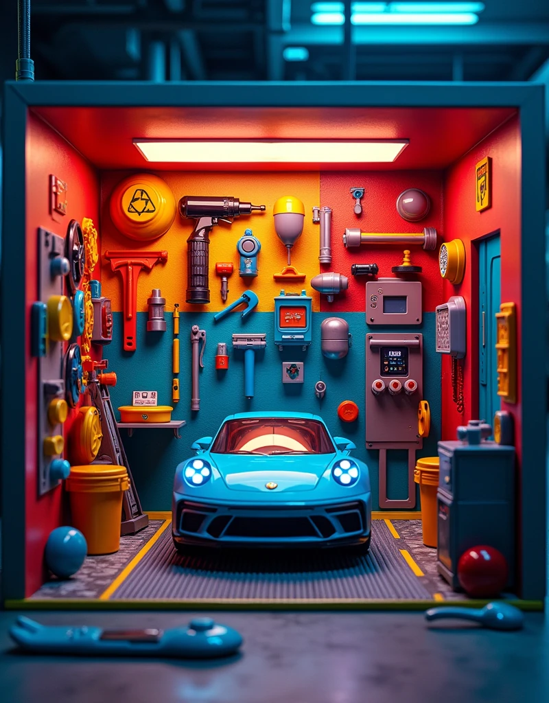 All items in a square display box create a detailed car wash toy industrial style wall spray paint vibrant contrasting colors detailed tools garage accessories cool lighting effects location cool indoor environment plastic texture toy mechanical style futuristic feel (repeated) industrial style