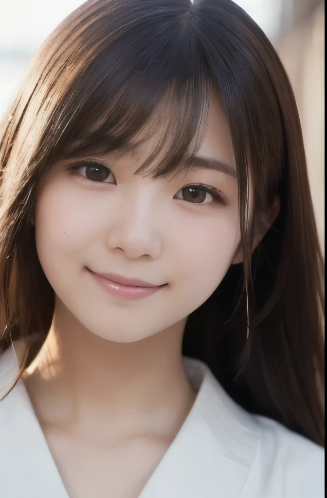 best quality, face focus, soft light, ultra high res, (photorealistic:1.4), RAW photo,(Shinozaki Ai), white skin, kawaii, 1 Japanese girl, solo, cute, (smile), (pupil, lights in the eyes), detailed beautiful face, Medium-sized breasts,(high resolution detail of human skin texture),(long hair),(portrait), upper body, white traditional kimono