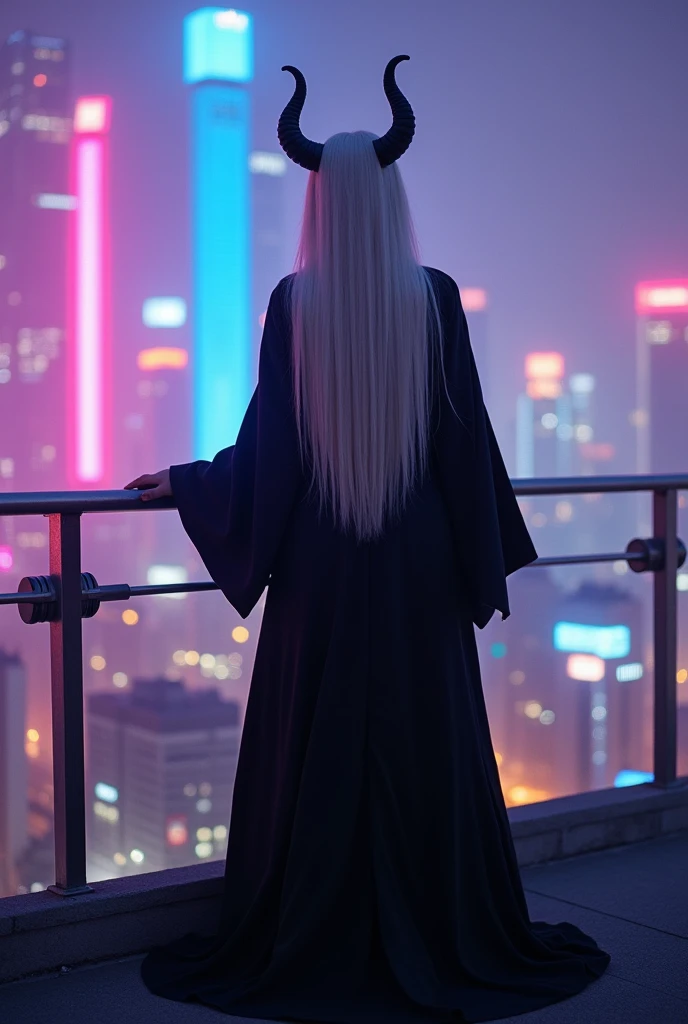 scenic photography, full body photo, woman standing in a terrace above the city, face is facing viewer, she's wearing a long robe, flared long sleeves, outfit in black and white, white long hair, with downward horns, background is cyberpunk, purple, blue, and pink lights
