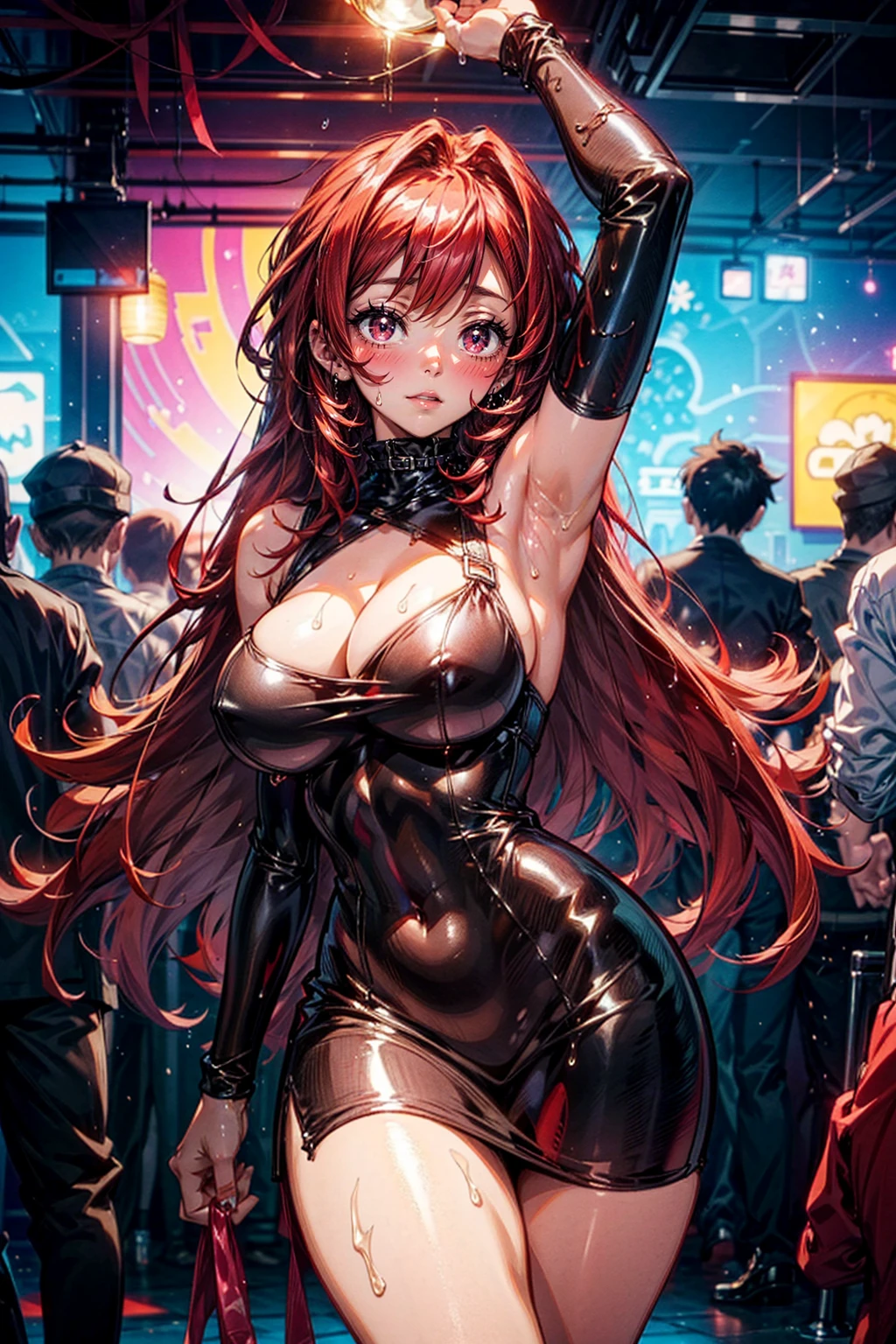 1lady,solo,red hair,red eyes Curvy anime girl at a nightclub in a latex tight dress,tight dress,thick thighs,big breast,big bust,cleavage,armpit,wet