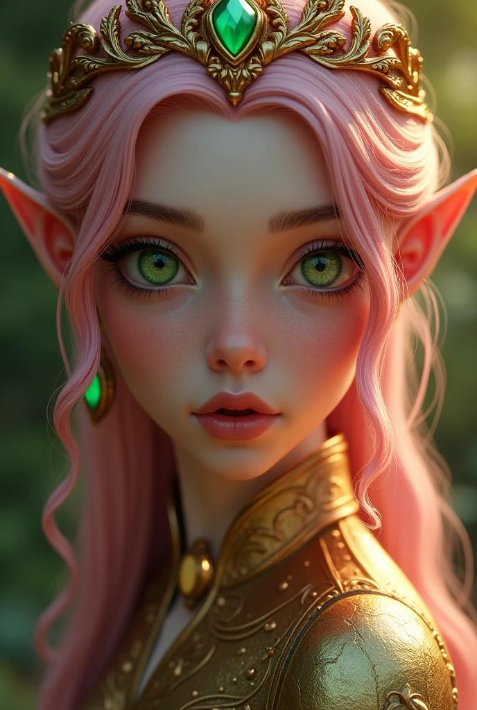 masterpiece, highest quality, an elf squad on the line, very beautiful extremely detailed face and green sharp eyes, detailed full body, shining gold crown detailed smooth pink hair, detailed legendary outfit, (low angle view), evening colorful, cinematic lighting, photorealistic, 8k, hyper detailed, intricate details, (best quality), High contrast(realistic), (masterpiece)