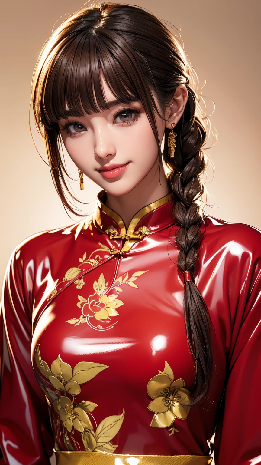 Realistic, masterpiece, Highest quality, Highest Resolution, Anatomically correct, Accurate Anatomy, 7 heads, Height: 165cm, One Japanese woman, A smiling face with some teeth showing, Staring at the audience, Fine and beautiful eyes, Sparkling eyes, Thin eyebrows, Gives lashes a delicate finish, False eyelashes, (Chinese traditional makeup:1.2), (Braided hair, Blunt bangs, Brown Hair:1.2), Detailed face, Sharp Eyes, (A latex cheongsam with a classic red base and gold patterns, Clothes that fit snugly to the body:1.3), Upper body photo, Background like ink painting