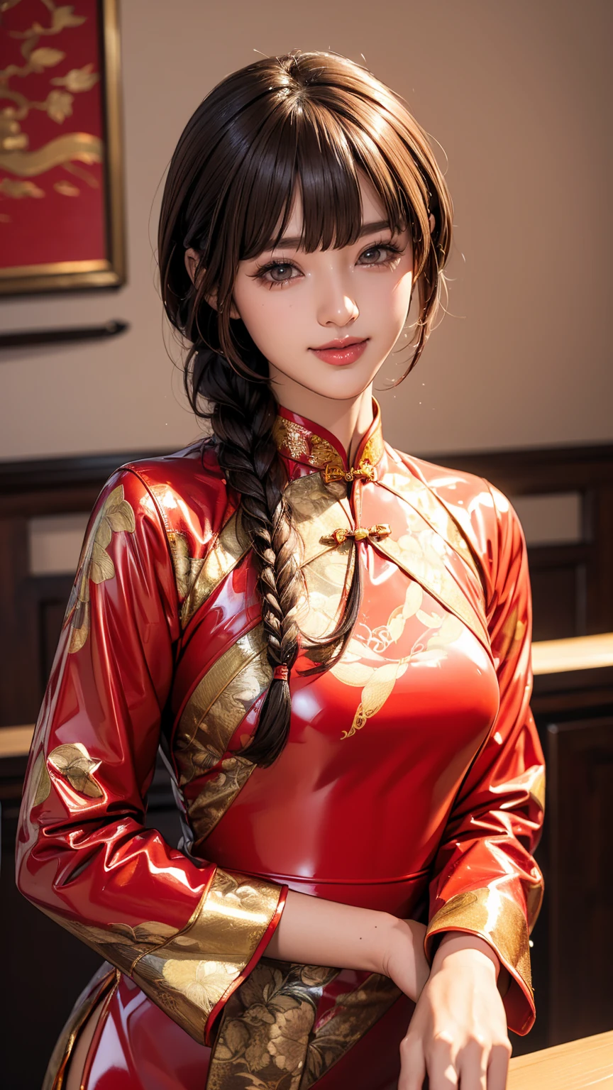 Realistic, masterpiece, Highest quality, Highest Resolution, Anatomically correct, Accurate Anatomy, 7 heads, Height: 165cm, One Japanese woman, A smiling face with some teeth showing, Staring at the audience, Fine and beautiful eyes, Sparkling eyes, Thin eyebrows, Gives lashes a delicate finish, False eyelashes, (Chinese traditional makeup:1.2), (Braided hair, Blunt bangs, Brown Hair:1.2), Detailed face, Sharp Eyes, (A latex cheongsam with a classic red base and gold patterns, Clothes that fit snugly to the body:1.3), Upper body photo, Background like ink painting