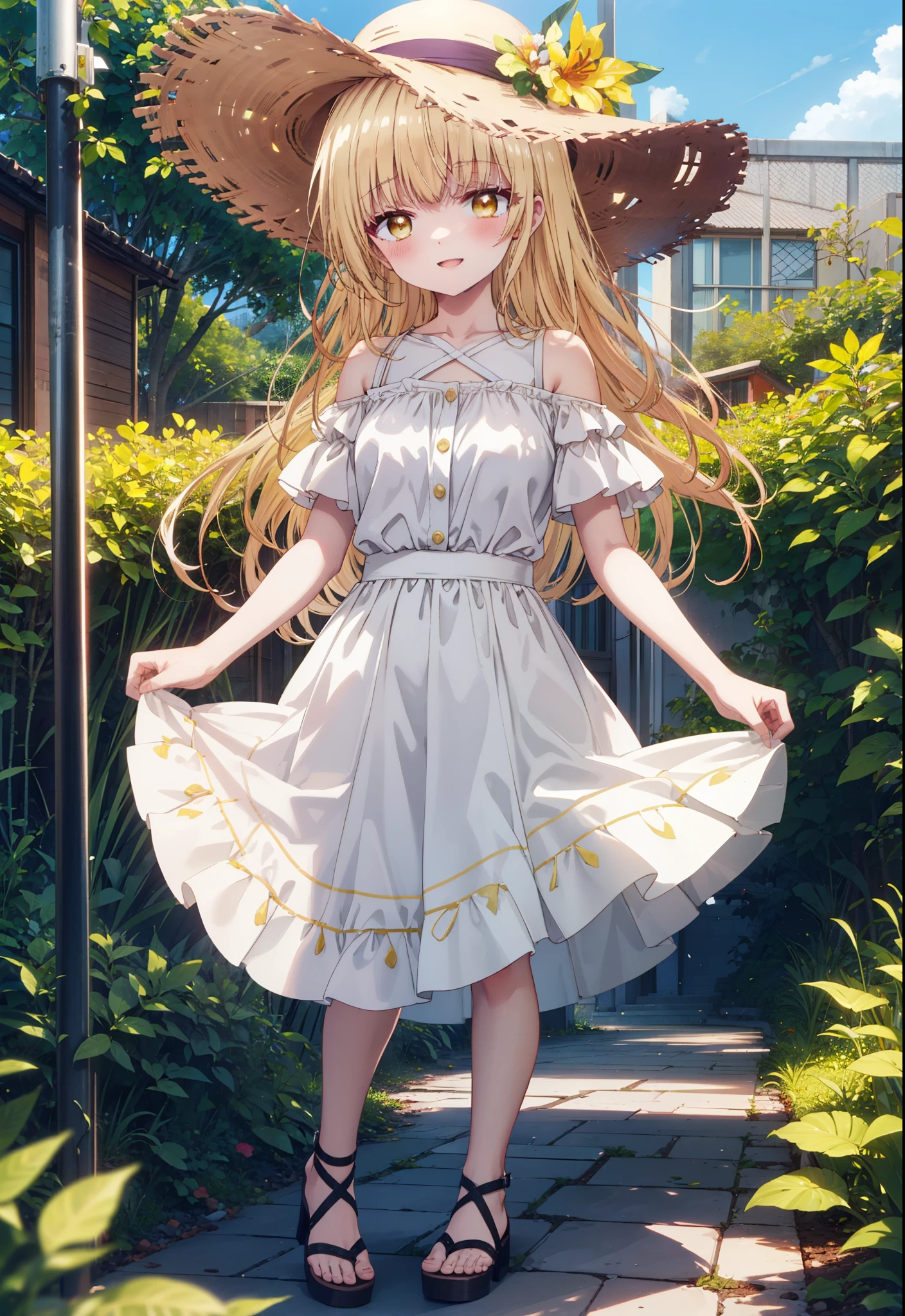 mahirushiina, mahiru shiina, Long Hair, bangs, Blonde, Brown Hair, (Yellow Eyes:1.3),happy smile, smile, Open your mouth,blush, Straw hat,smile,Cold Shoulder Shirt,Short sleeve,Long skirt,Cute heeled sandals,True Summer,Clear skies,Daytime,Palm tree,Hair is fluttering in the wind,whole bodyがイラストに入るように,
break outdoors, tropical,In town,Coastal Road,
break looking at viewer, whole body,
break (masterpiece:1.2), Highest quality, High resolution, unity 8k wallpaper, (figure:0.8), (Beautiful attention to detail:1.6), Highly detailed face, Perfect lighting, Highly detailed CG, (Perfect hands, Perfect Anatomy),