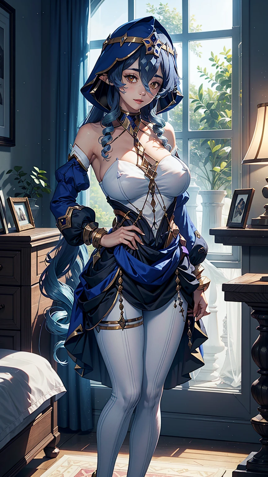 ,(layladef),masterpiece,huge breast, bedroom, looking at viewer, detail eyes, detail face, (standing), smile,(detailed face), full body, dynamic view