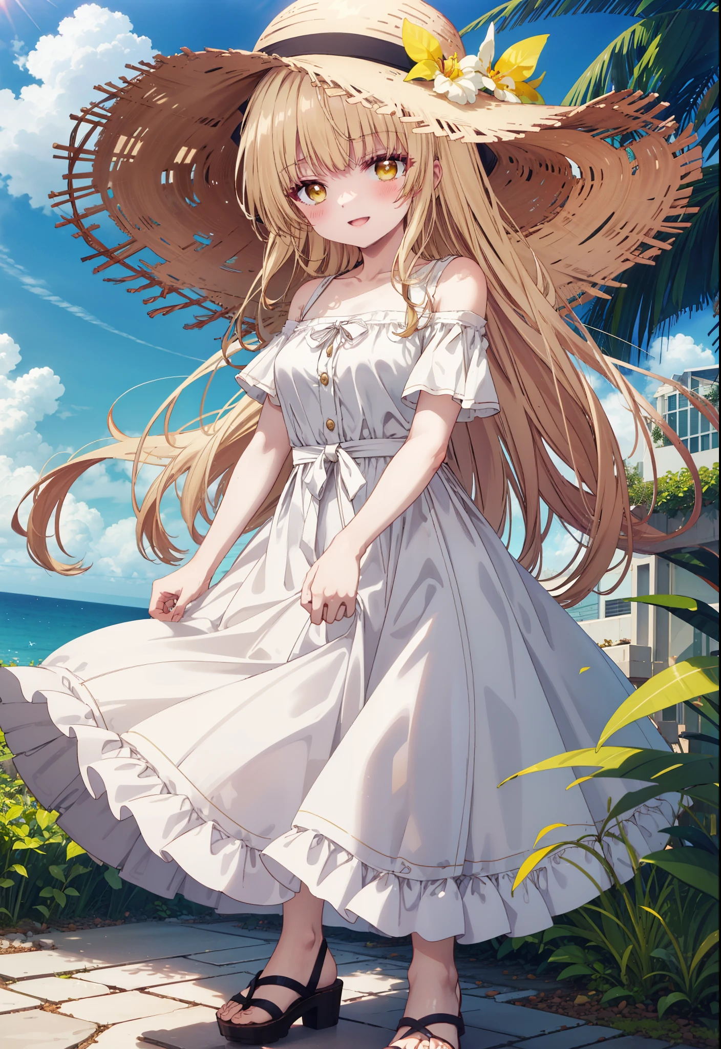 mahirushiina, mahiru shiina, Long Hair, bangs, Blonde, Brown Hair, (Yellow Eyes:1.3),happy smile, smile, Open your mouth,blush, Straw hat,smile,Cold Shoulder Shirt,Short sleeve,Long skirt,Cute heeled sandals,True Summer,Clear skies,Daytime,Palm tree,Hair is fluttering in the wind,whole bodyがイラストに入るように,
break outdoors, tropical,In town,Coastal Road,
break looking at viewer, whole body,
break (masterpiece:1.2), Highest quality, High resolution, unity 8k wallpaper, (figure:0.8), (Beautiful attention to detail:1.6), Highly detailed face, Perfect lighting, Highly detailed CG, (Perfect hands, Perfect Anatomy),