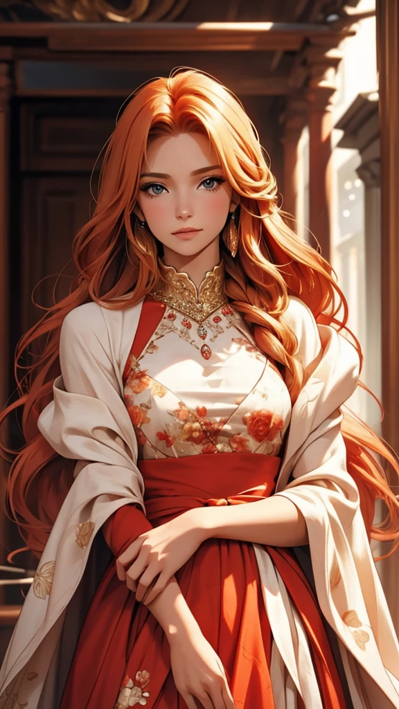 a picture of a woman standing with long blond hair posing over her shoulder, 1girl, long hair, solo, realistic, dress, red hair