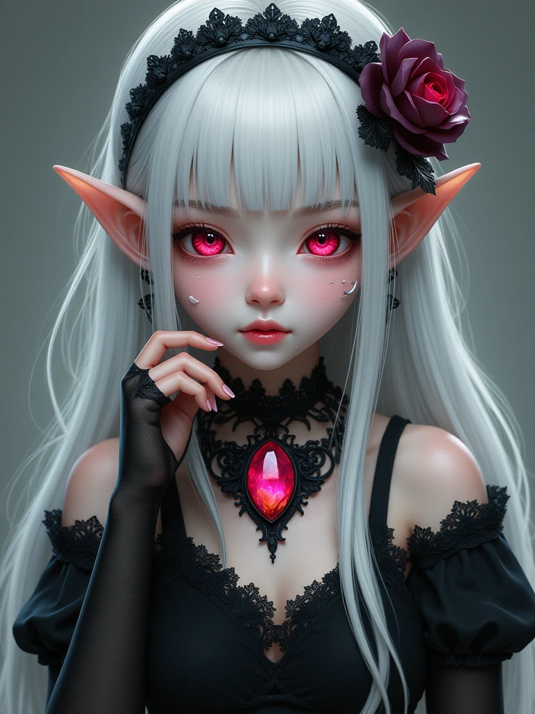 Looking into the camera, the elf girl, wearing a dark dress and outfit, Red eyes, sweet smile, long white hair tied up, fair skin, masterpiece, Ultra HD, wearing a pink gem necklace, wearing black stockings on her hands, wearing a black headband