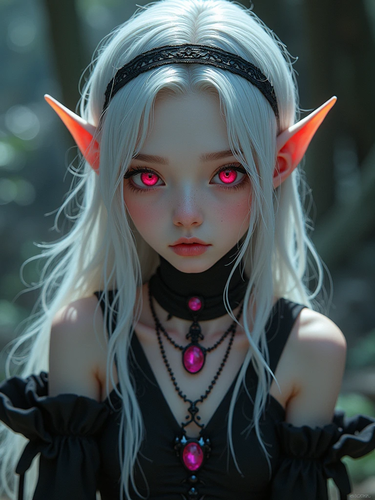Looking into the camera, the elf girl, wearing a dark dress and outfit, Red eyes, sweet smile, long white hair tied up, fair skin, masterpiece, Ultra HD, wearing a pink gem necklace, wearing black stockings on her hands, wearing a black headband