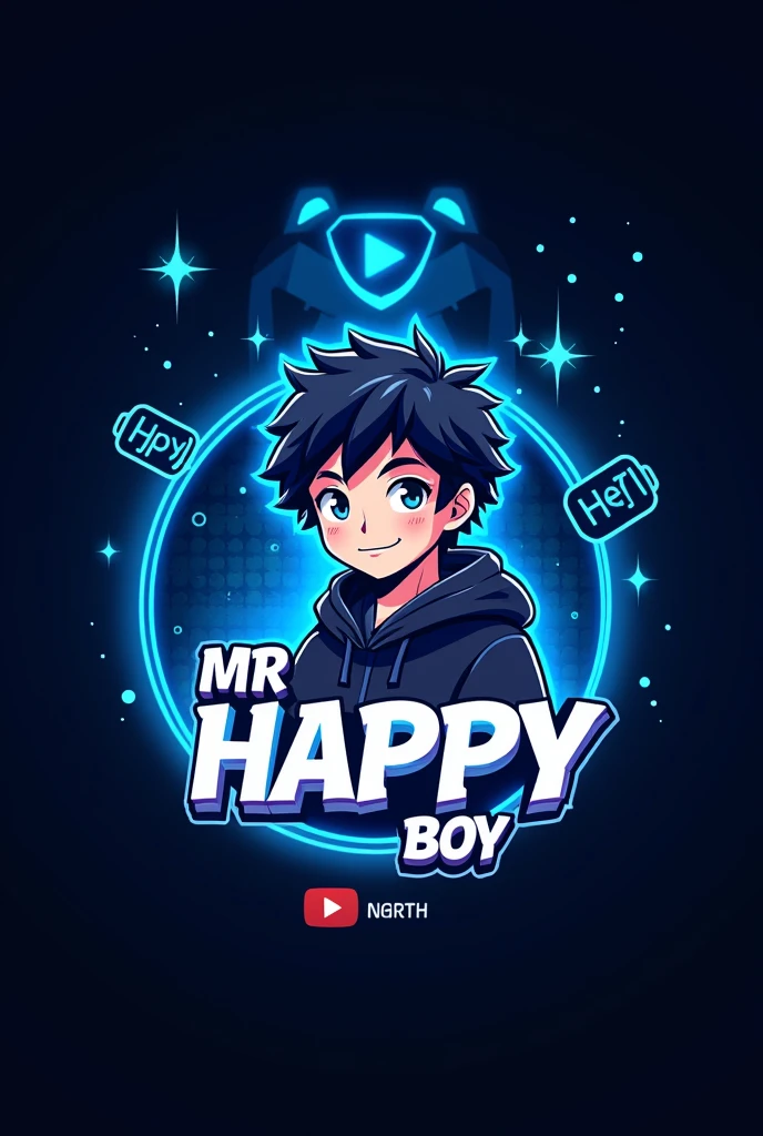 This is a gaming logo that features the name mr happy boy in a futuristic font and a Neo blue colour. And boy anime avtar, the logo also has a stylized controlled icon and a youtube play button in the background. The logo is designed to be attractive and eye-catching and to appeal to gaming enthusiast and youtube viewers. I hope you like it